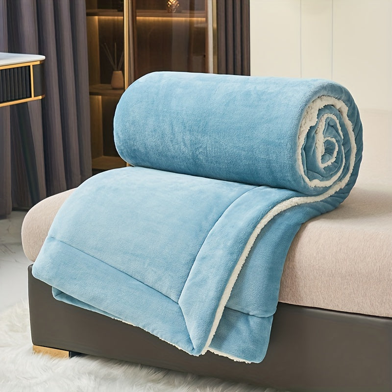 Rolled blue blanket on a chair in a room with curtains and a table.