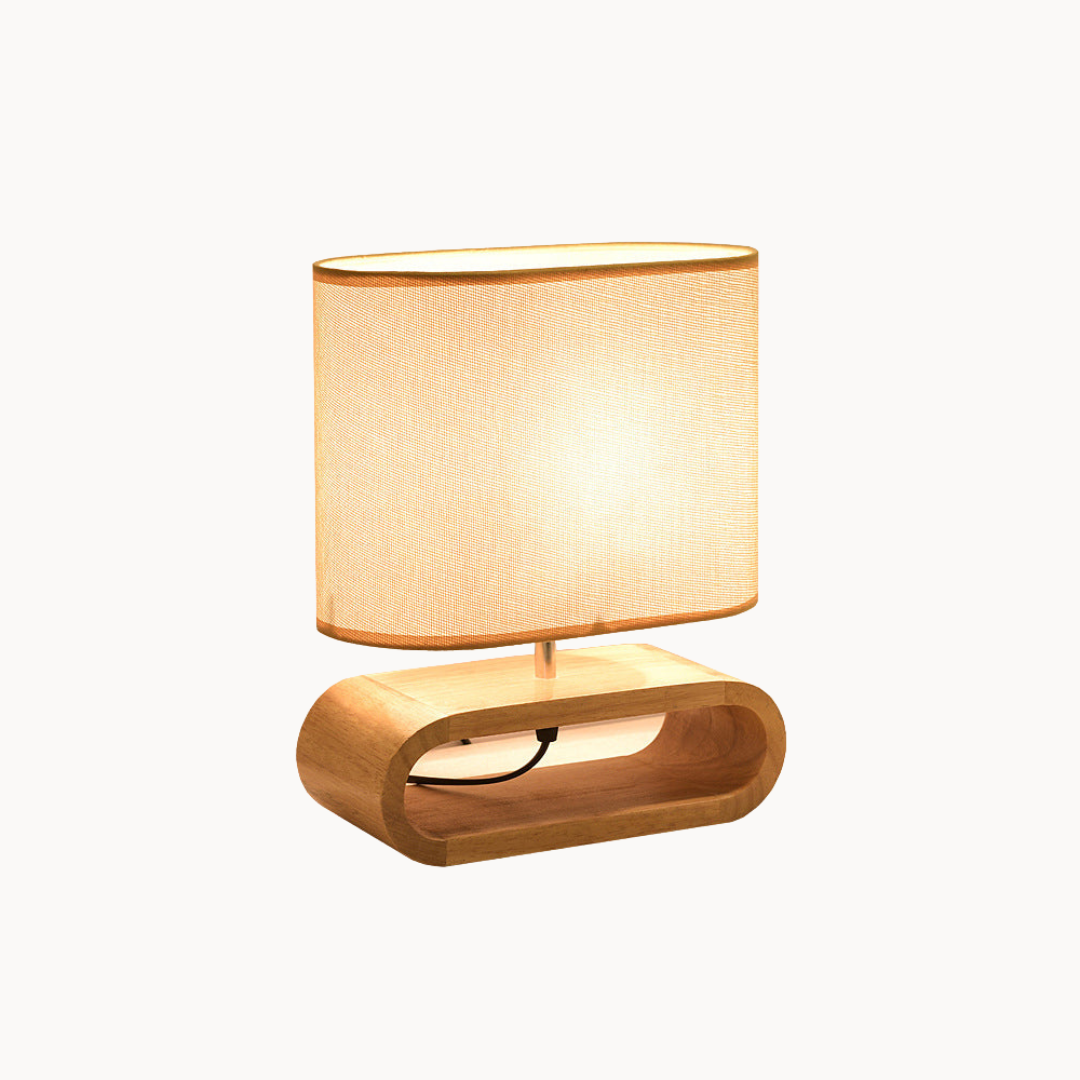 Nordic Wood Bedside Lamp – Langwerpige Houten Nachttafellamp met Stoffen Kap