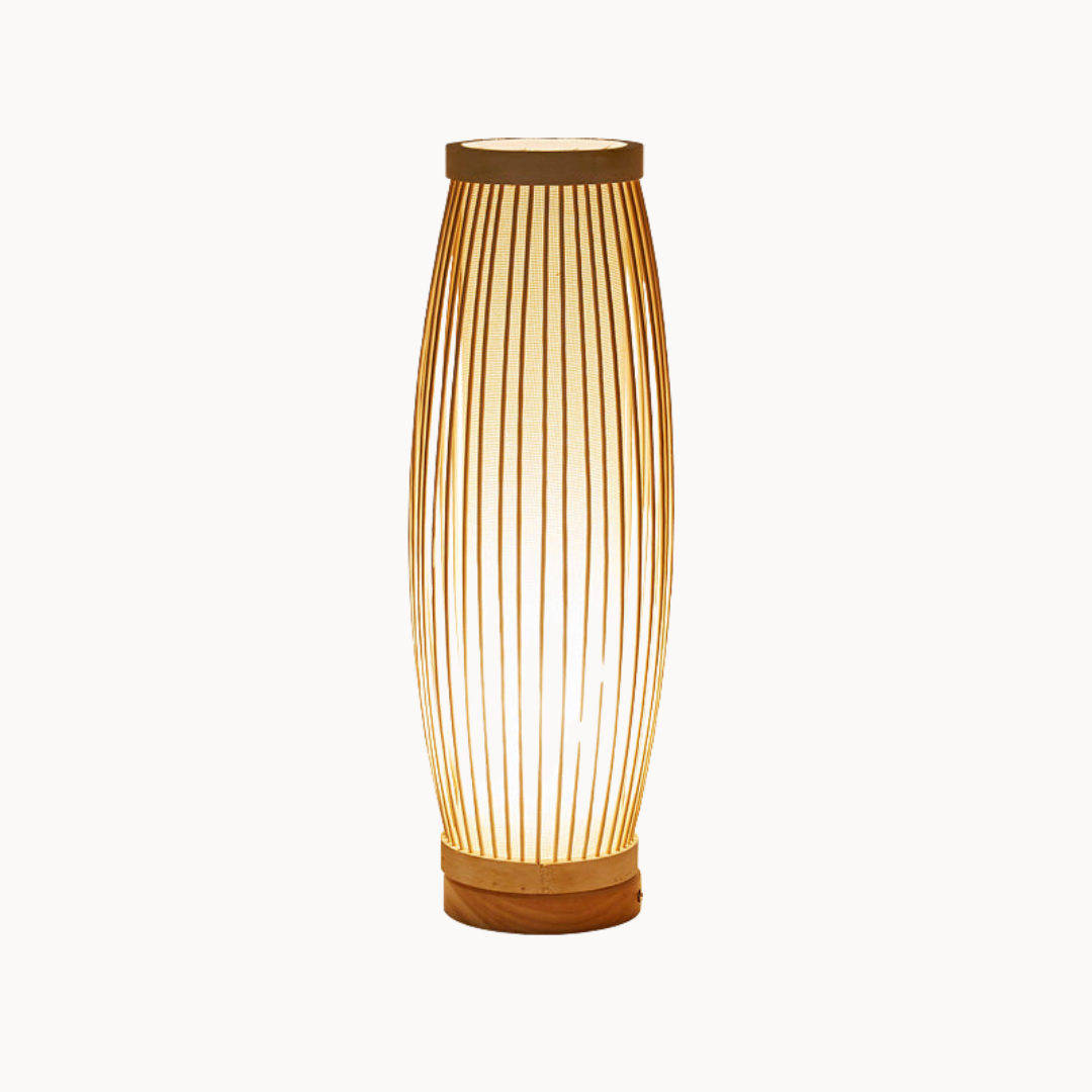 Langwerpige Bamboe Tafellamp met Stoffen Kap – Oosterse Sfeer & Natuurlijke Warmte