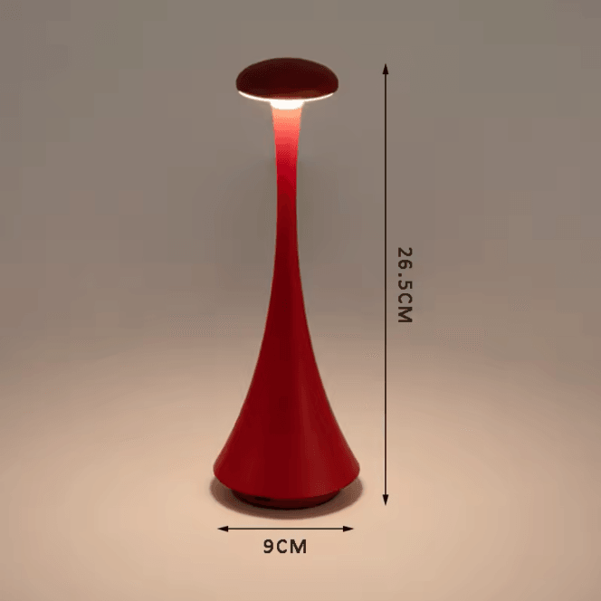 Red lamp with dimensions indicated on a gray background