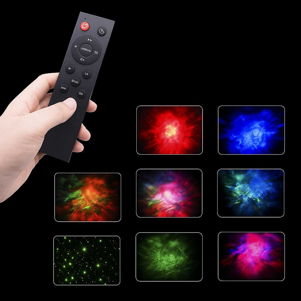 Hand holding a remote control with colorful light display on a black background