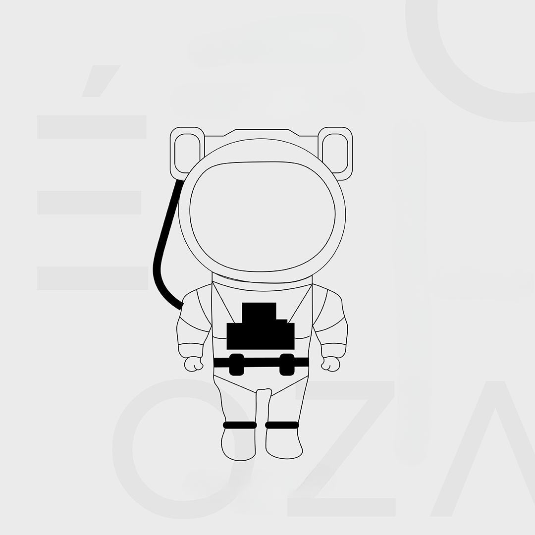 Black and white outline of an astronaut on a light gray background