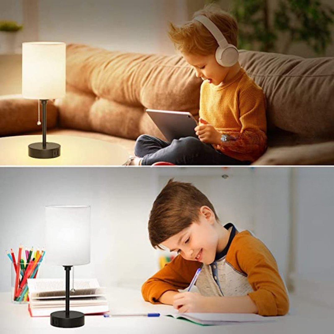 Tafellamp met 3 Kleuren Temperatuur, USB-C & USB-A Poorten en AC Outlet – Trekkoordbediening