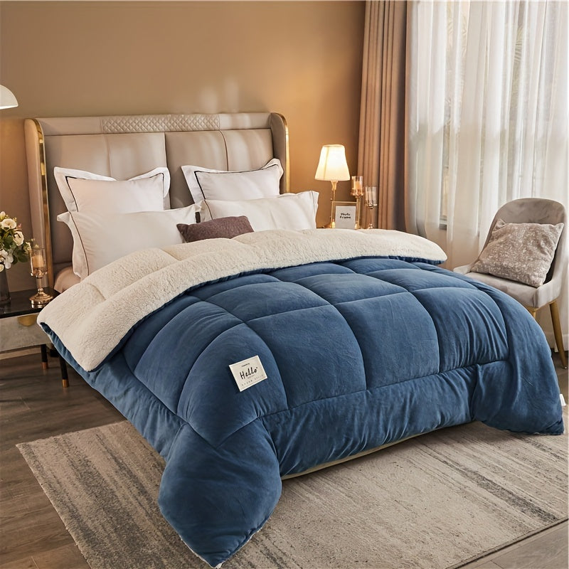 Blue comforter on a bed in a bedroom setting with a lamp and chair.