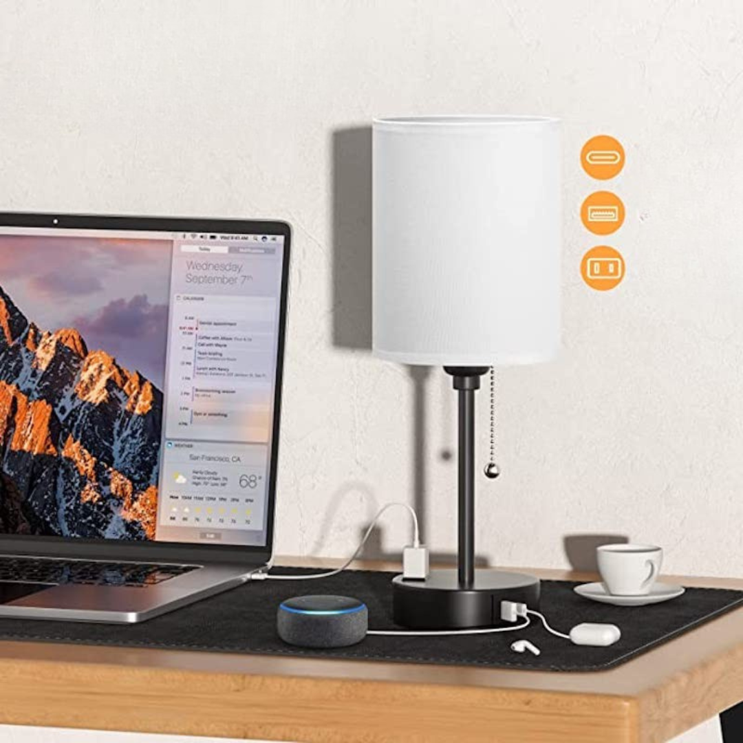 Tafellamp met 3 Kleuren Temperatuur, USB-C & USB-A Poorten en AC Outlet – Trekkoordbediening
