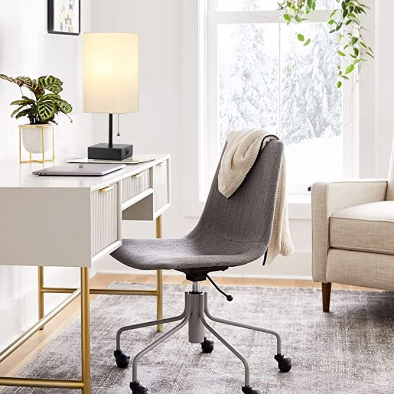 USB Tafellamp met 2 USB Oplaadpoorten – Moderne LED Tafellamp met Linnen Lampenkap, 2700K Warm Licht