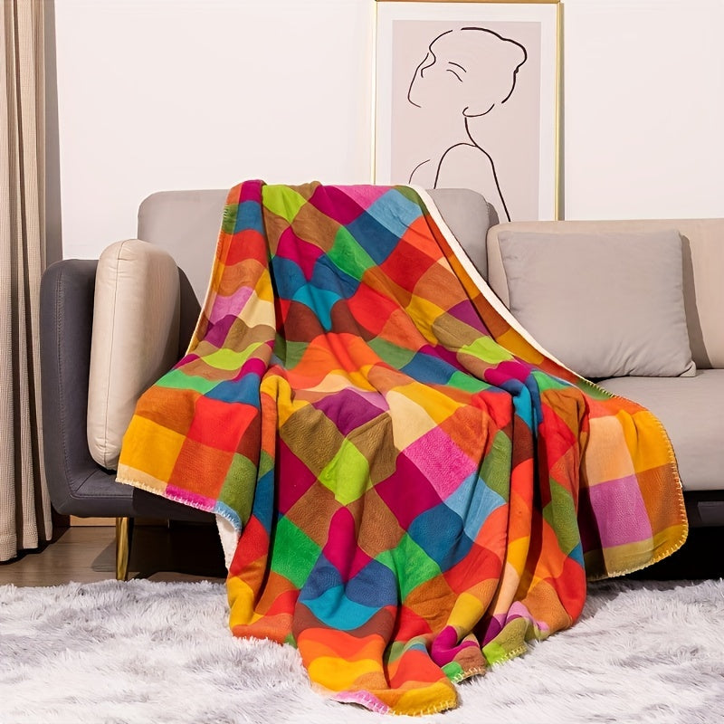 Colorful checkered blanket draped over a gray sofa in a living room.