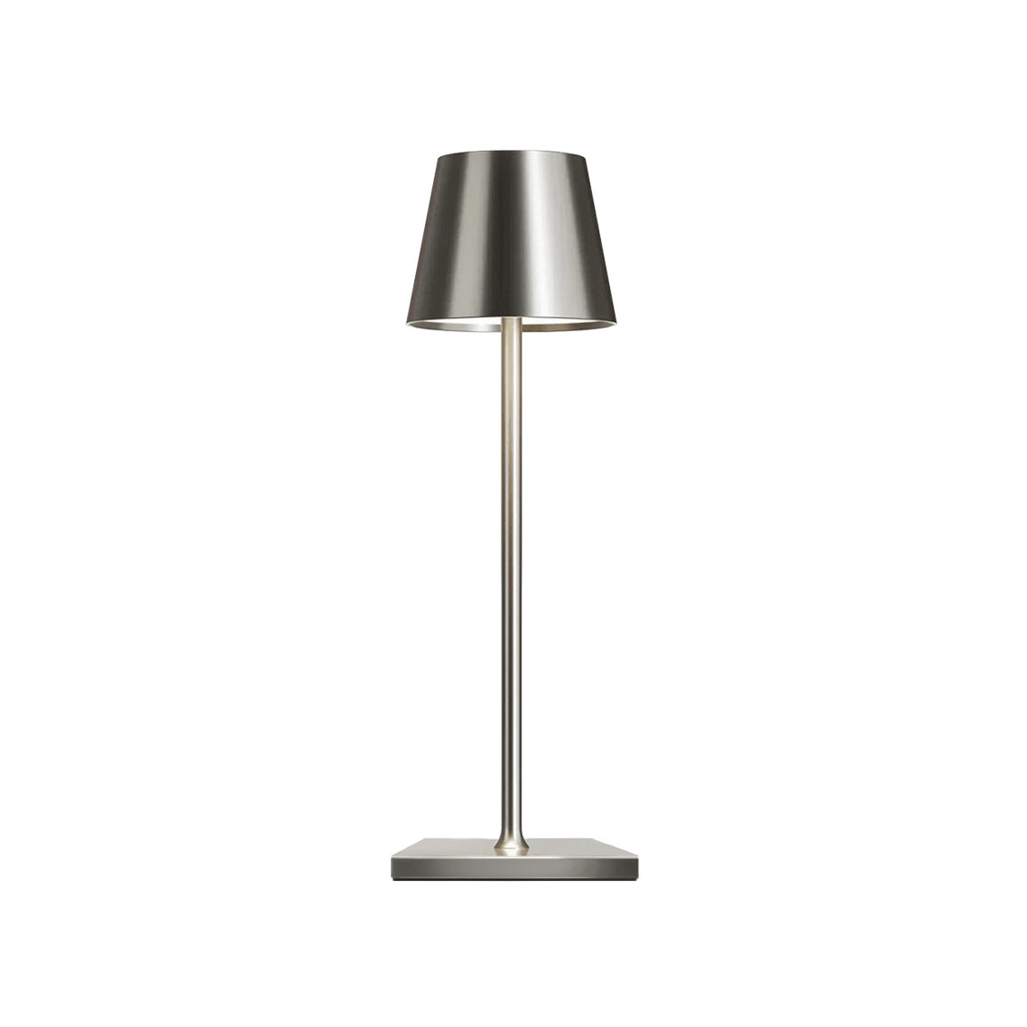 Silver table lamp with a metallic finish on a white background