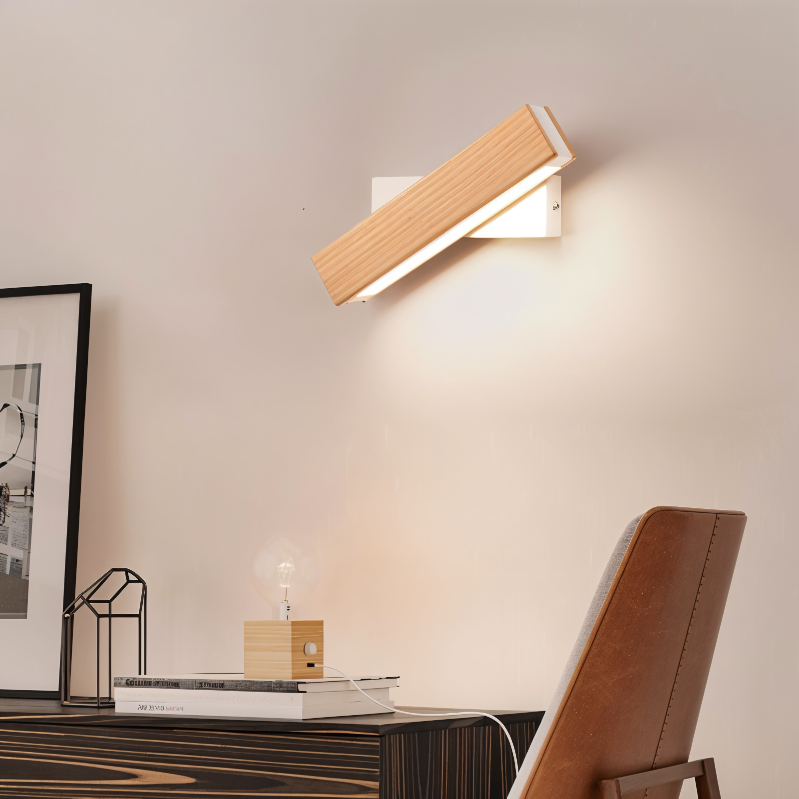 Verstelbare houten LED-wandlamp – 360° draaibare moderne rechthoekige lamp voor binnenruimtes