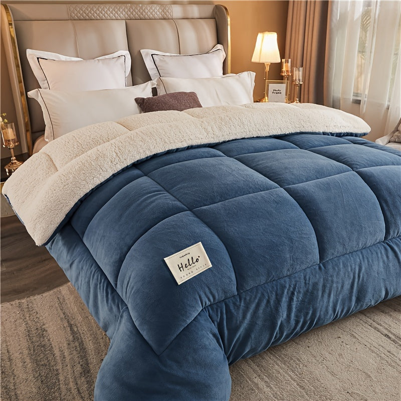 Blue comforter with beige border on a bed in a bedroom setting