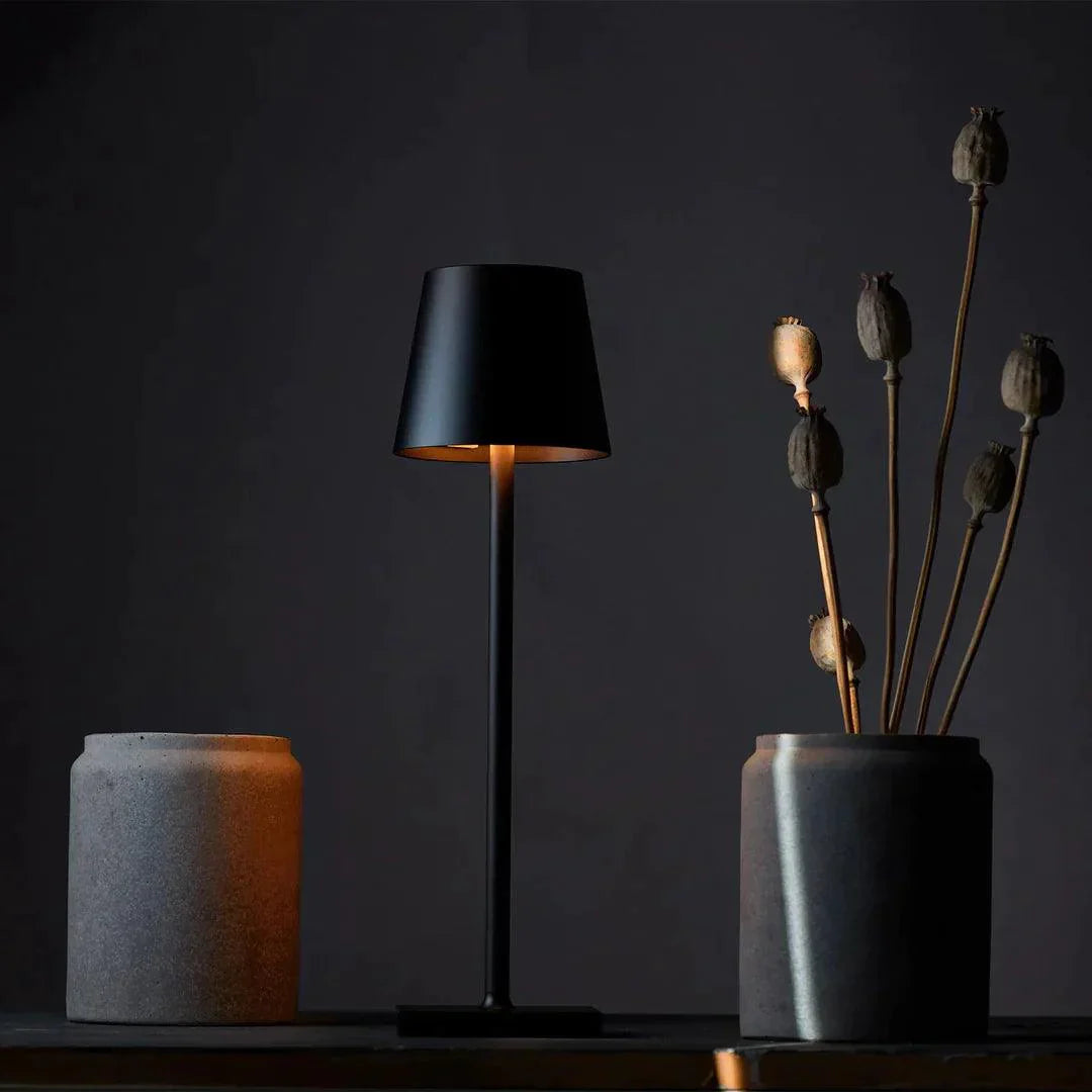 Black lamp and gray vase with dried plants on a dark background