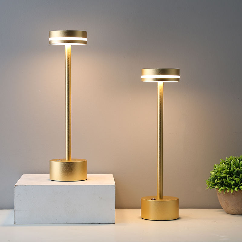 Two gold table lamps on a neutral background with a small plant.
