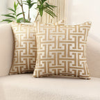 Two patterned pillows on a beige sofa with a plant in the background
