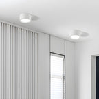 Two ceiling lights in a modern interior setting with a neutral color palette.
