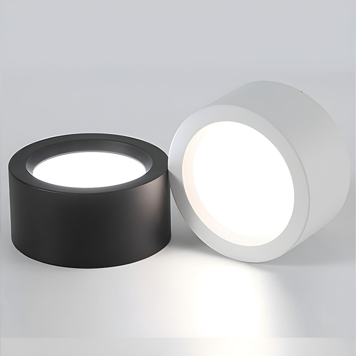 Two round ceiling lights, one black and one white, on a light gray background.