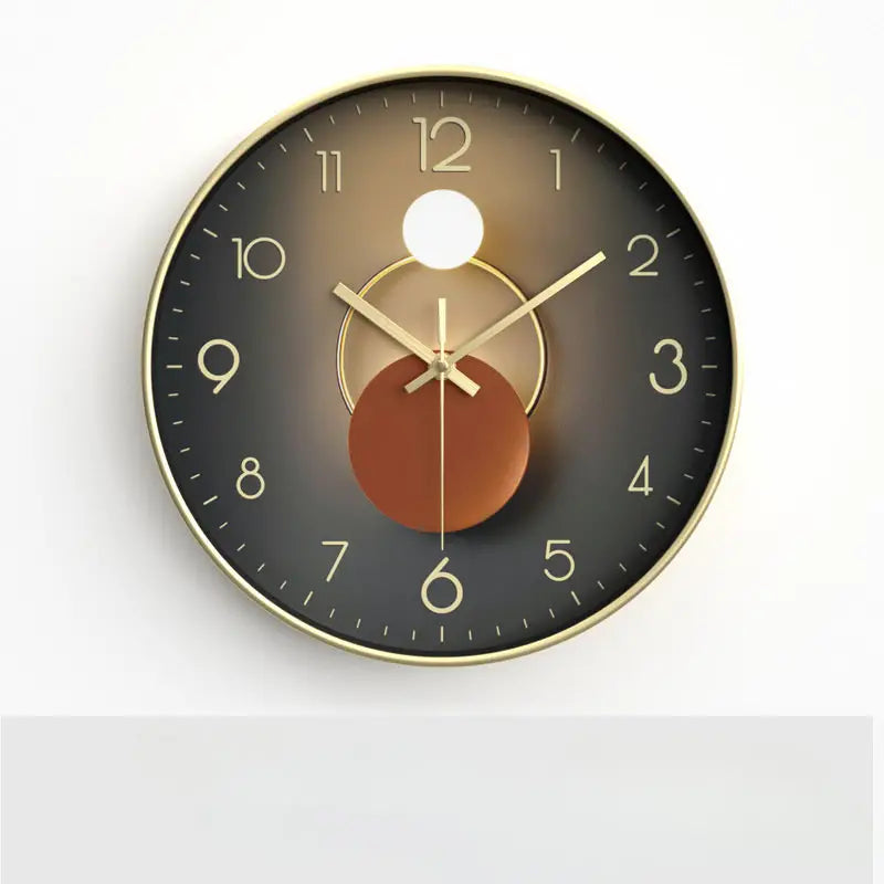 Round wall clock with a brown and gold design on a white background