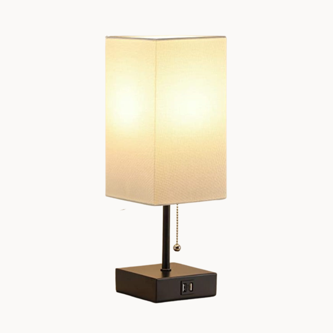 USB Tafellamp met 2 USB Oplaadpoorten – Moderne LED Tafellamp met Linnen Lampenkap, 2700K Warm Licht