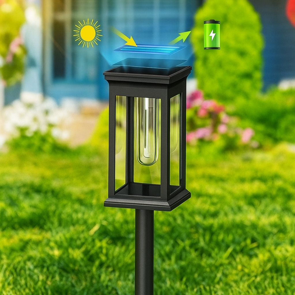Solar-powered outdoor lamp on a grassy lawn with a house in the background