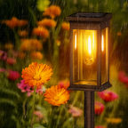 Solar lamp post with glowing light in a garden setting with flowers