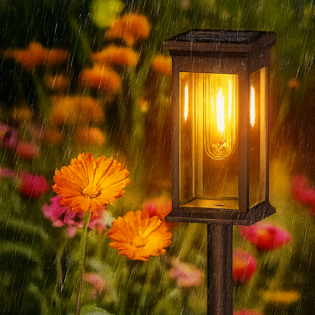 Solar lamp post with glowing light in a garden setting with flowers