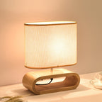 Nordic Wood Bedside Lamp – Langwerpige Houten Nachttafellamp met Stoffen Kap