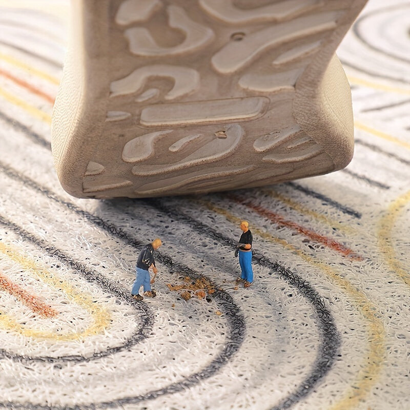 Two small figures standing on a textured surface with a large rectangular object casting a shadow.