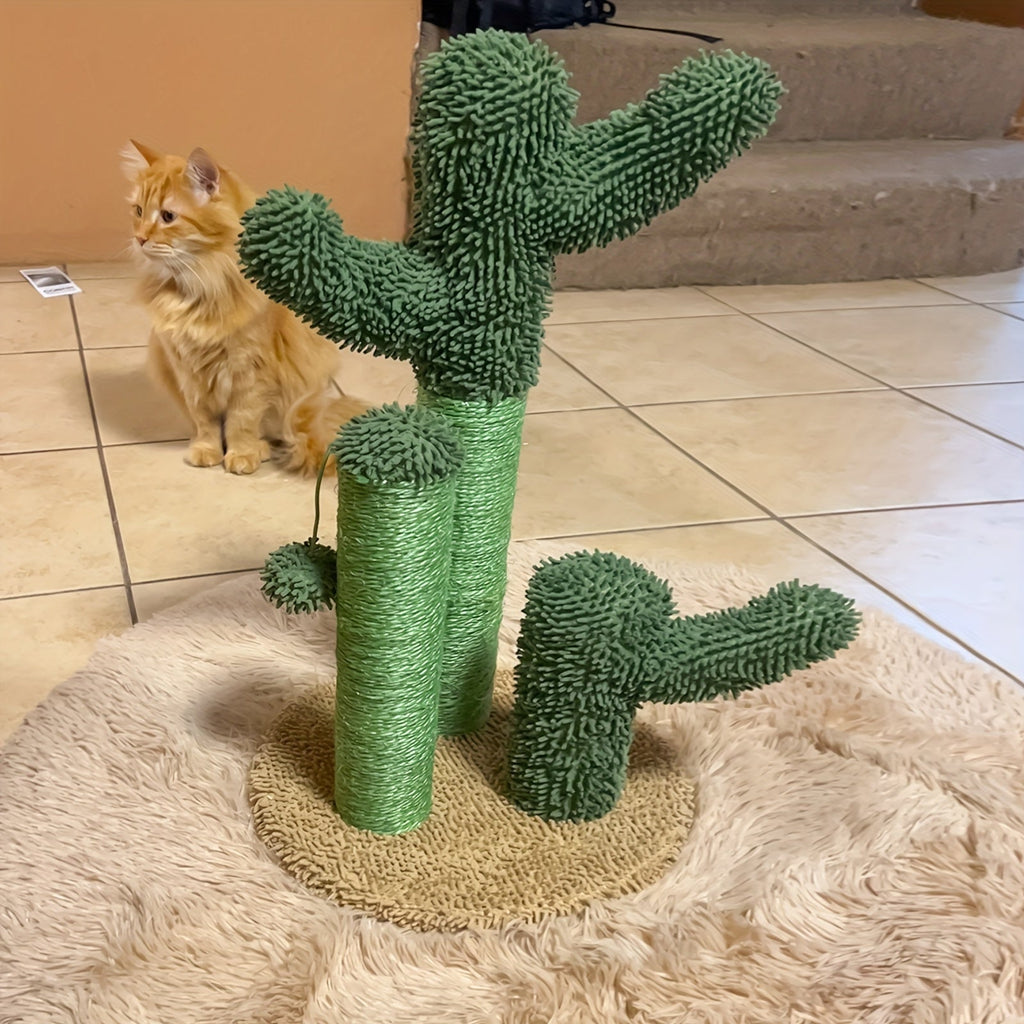 Cat sitting next to a green cat tree shaped like a cactus on a beige rug.