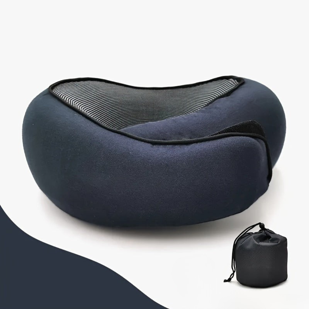 Blue travel neck pillow with carrying pouch on a white background
