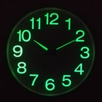 Glowing green clock face on a black background