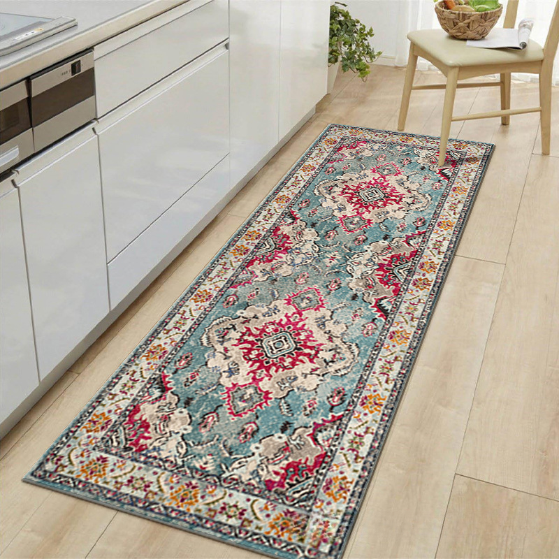Decorative rug on a wooden floor in a kitchen setting