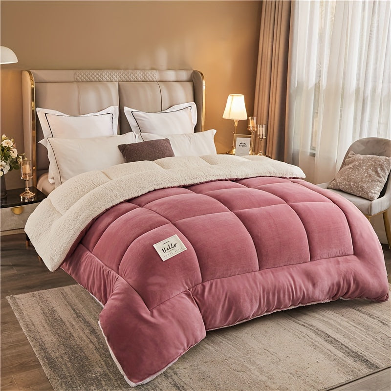 Pink comforter on a bed in a bedroom setting with a lamp and chair.