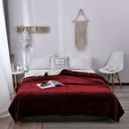 Bedroom with a bed covered in a red blanket, pillows, and a magazine.