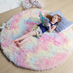 Child reading a book on a colorful fluffy rug in a room.
