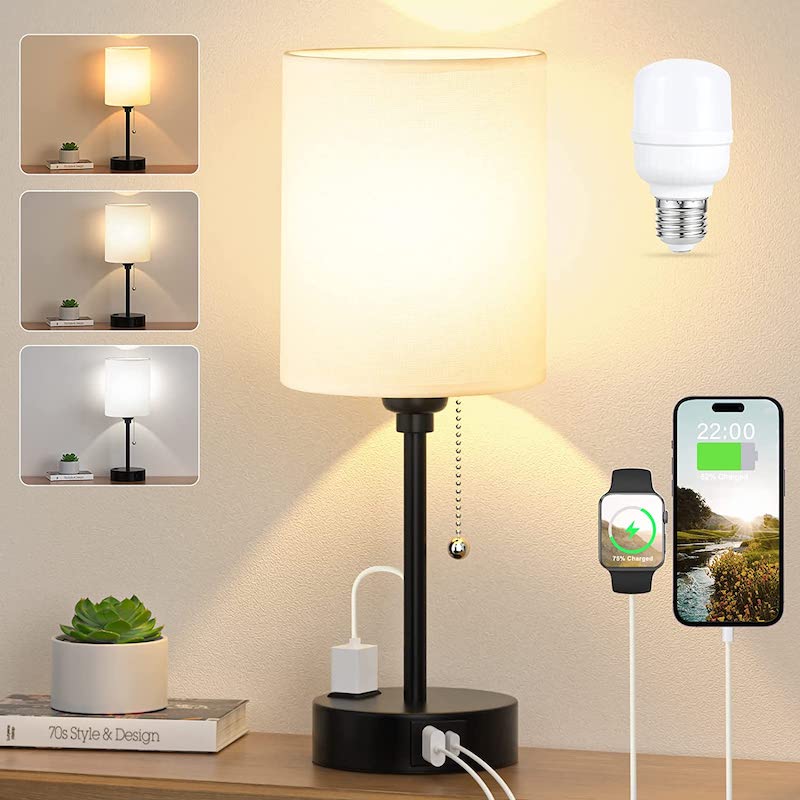Tafellamp met 3 Kleuren Temperatuur, USB-C & USB-A Poorten en AC Outlet – Trekkoordbediening