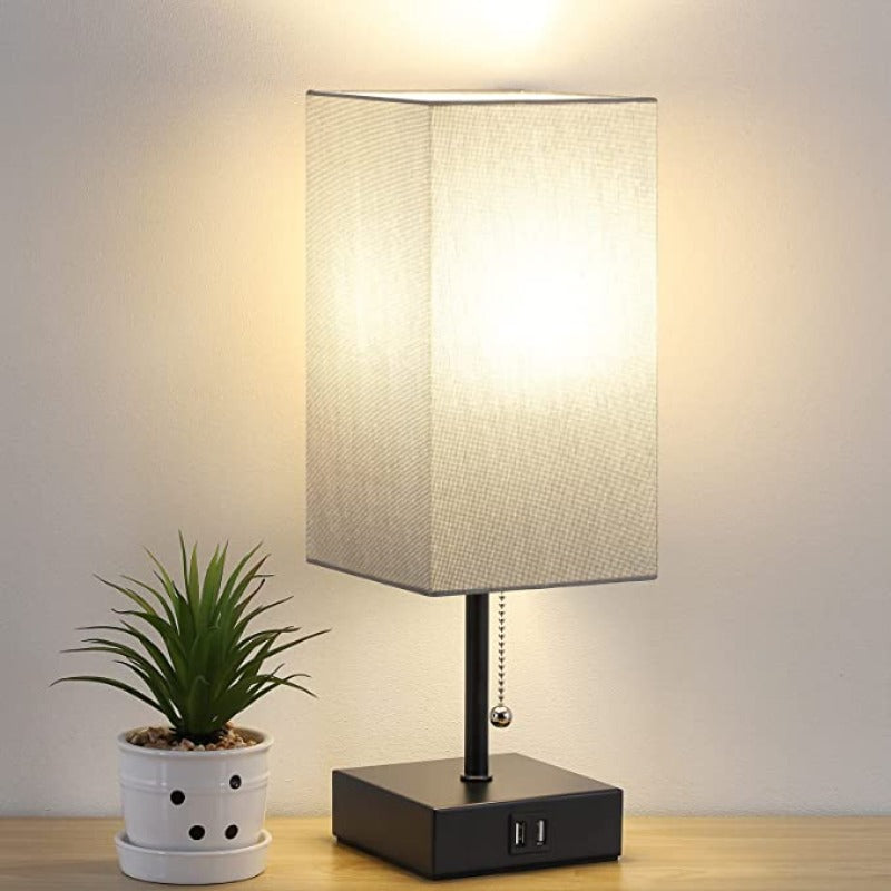 USB Tafellamp met 2 USB Oplaadpoorten – Moderne LED Tafellamp met Linnen Lampenkap, 2700K Warm Licht