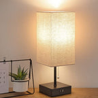 USB Tafellamp met 2 USB Oplaadpoorten – Moderne LED Tafellamp met Linnen Lampenkap, 2700K Warm Licht