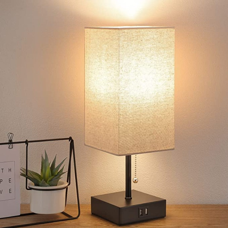 USB Tafellamp met 2 USB Oplaadpoorten – Moderne LED Tafellamp met Linnen Lampenkap, 2700K Warm Licht