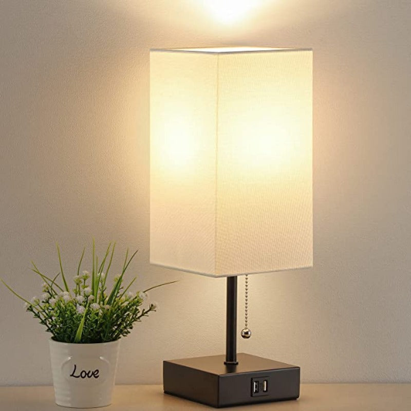 USB Tafellamp met 2 USB Oplaadpoorten – Moderne LED Tafellamp met Linnen Lampenkap, 2700K Warm Licht