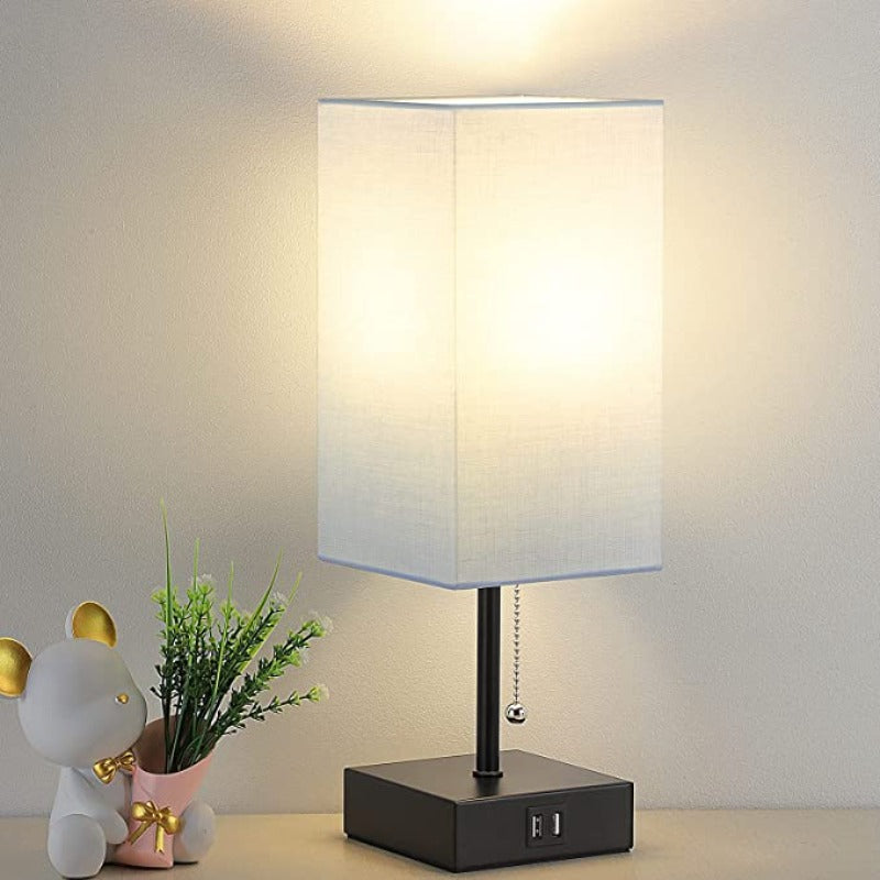 USB Tafellamp met 2 USB Oplaadpoorten – Moderne LED Tafellamp met Linnen Lampenkap, 2700K Warm Licht