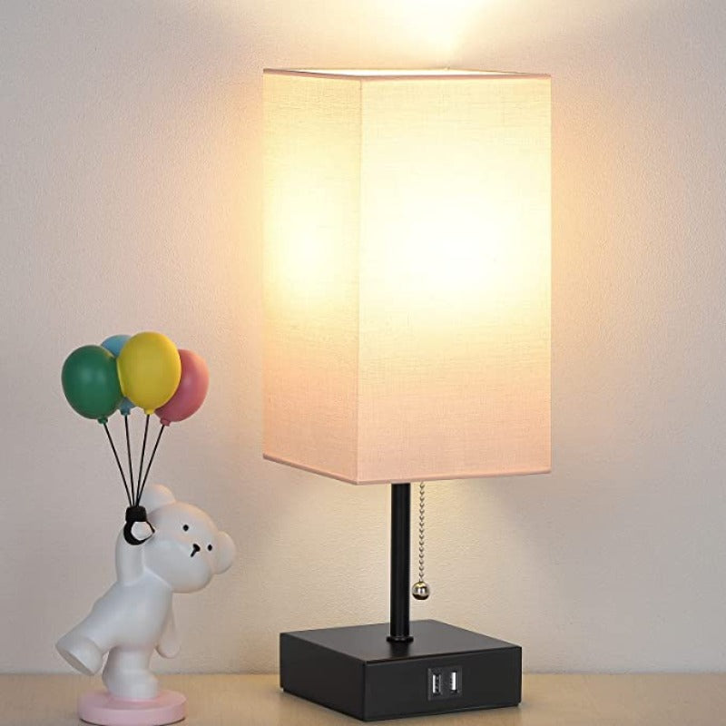 USB Tafellamp met 2 USB Oplaadpoorten – Moderne LED Tafellamp met Linnen Lampenkap, 2700K Warm Licht