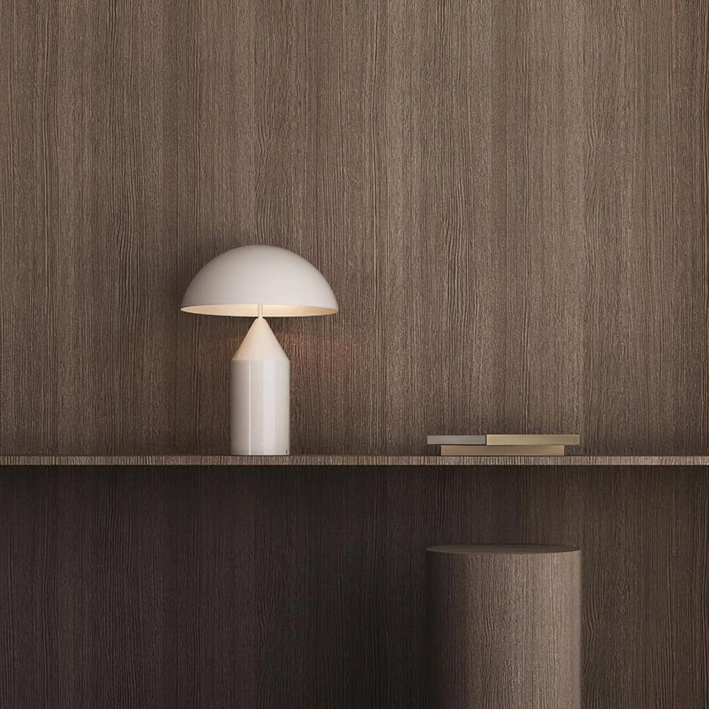 White table lamp on a wooden shelf against a wooden wall