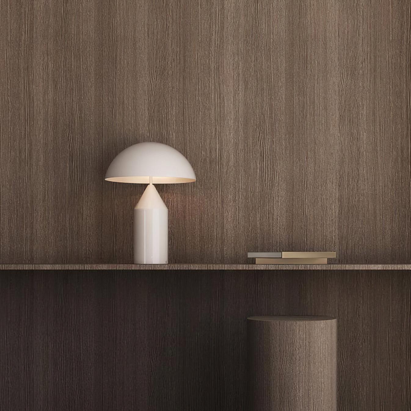 White table lamp on a wooden shelf against a wooden wall