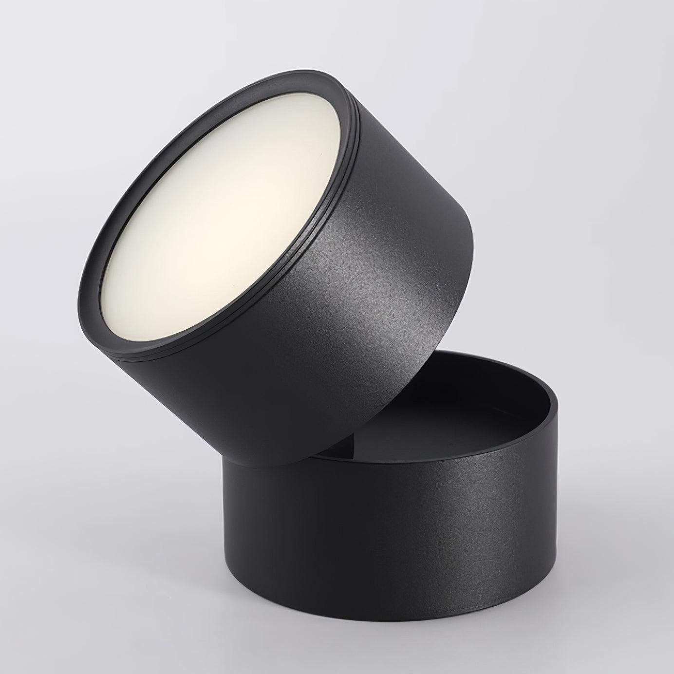 Black cylindrical light fixture on a white background
