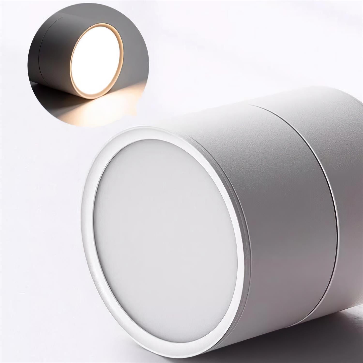 Cylindrical light fixture with a close-up inset showing the illuminated interior.