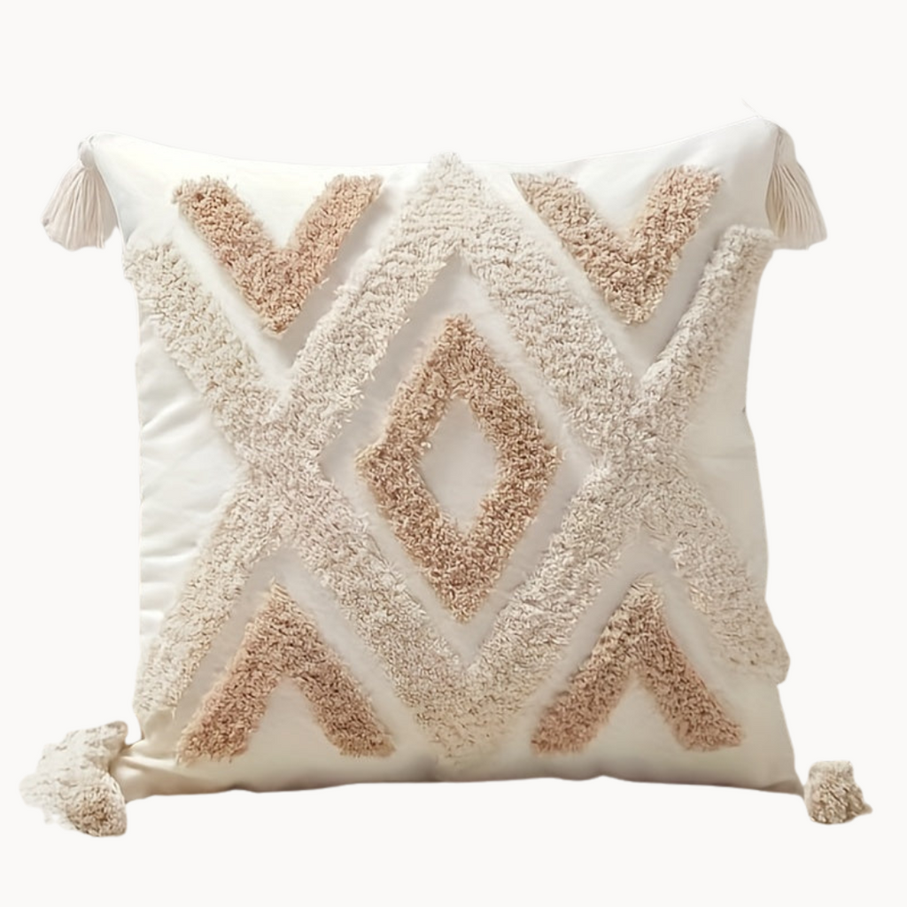 Boho beige kussenhoes met kwastjes – decoratieve kussenhoes voor bank en bed (zonder vulling)