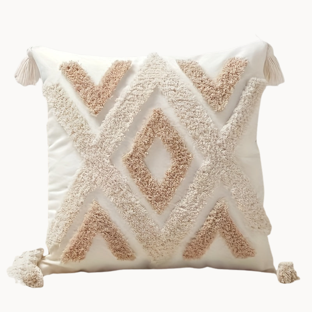 Boho beige kussenhoes met kwastjes – decoratieve kussenhoes voor bank en bed (zonder vulling)