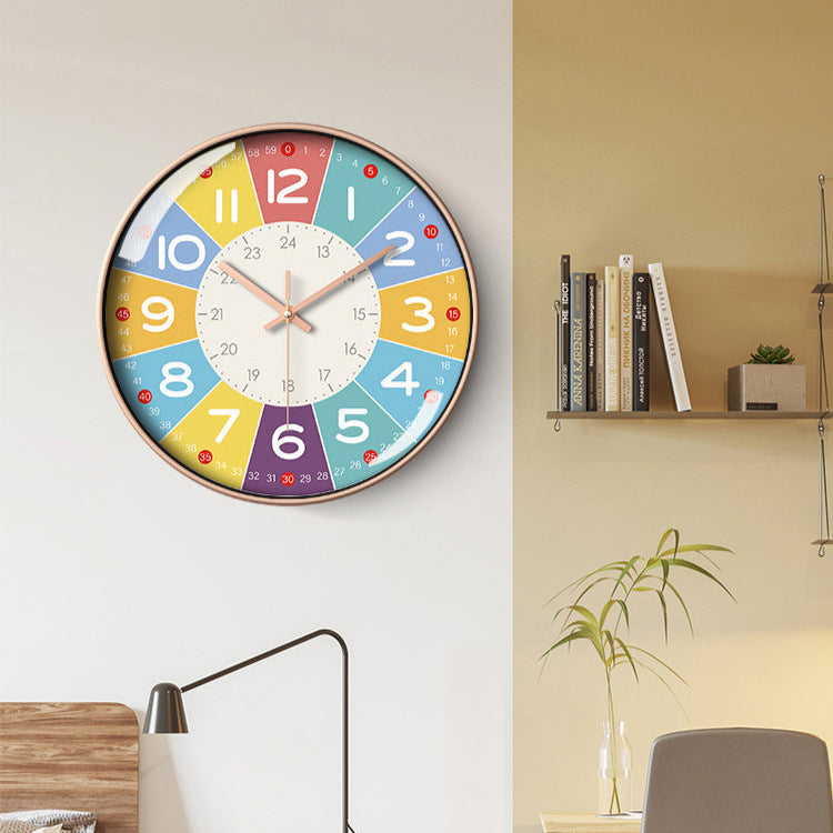 Colorful wall clock on a wall with a modern interior setting.