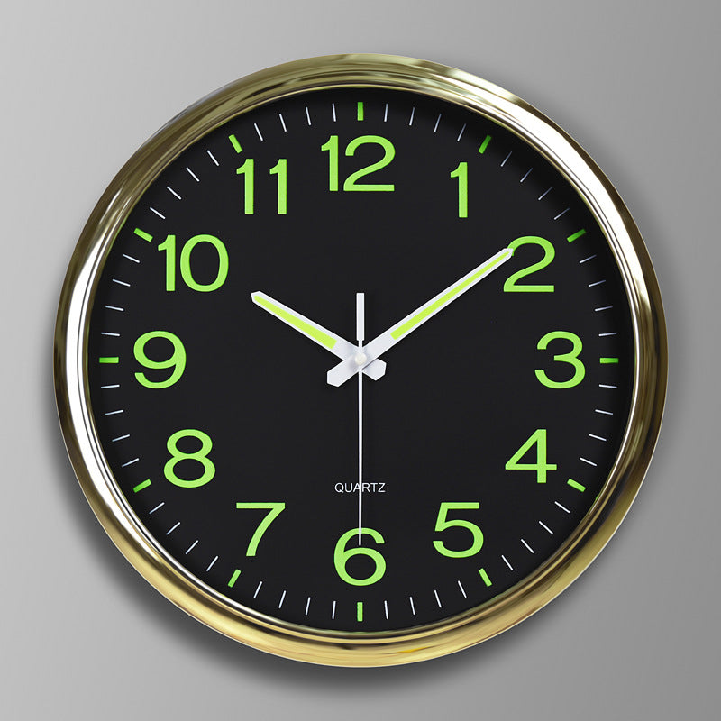 Wall clock with green glowing numbers on a gray background