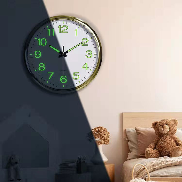 Wall clock with green glowing numbers in a bedroom setting