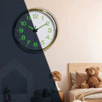 Wall clock with green glowing numbers in a bedroom setting
